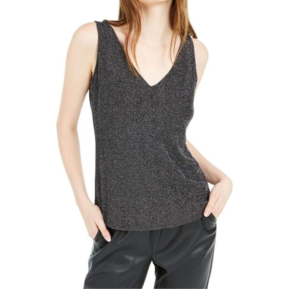 Bar III Women's Metallic Glitter Sleeveless V-Neck Tank Top Size S Black